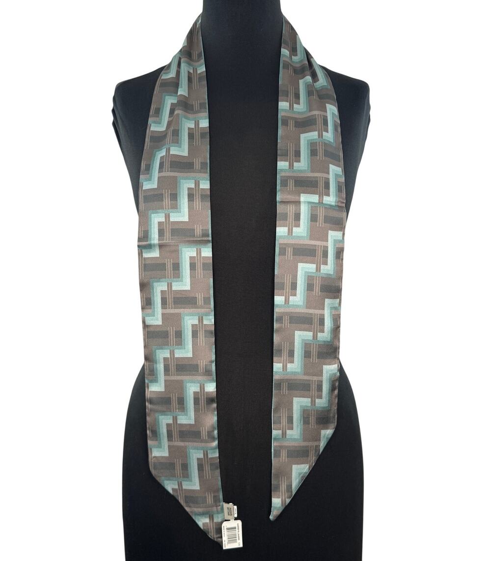 Alexis Bittar Ribbon Hair Scarf Tie Light Blue Gray Deco Grid Casual Party NEW